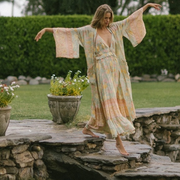 Butterfly Gardens Muted Greens Boho A Line Sleeveless Brunch Maxi Dress, Gown - Picture 3 of 16